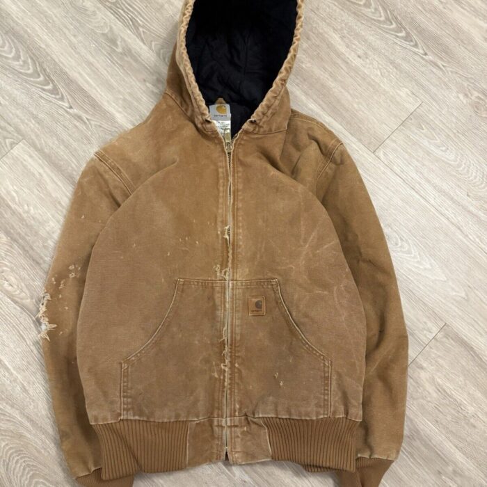 Vintage Carhartt J130 Hooded Workwear Jacket – Medium Brown Rugged Classic!