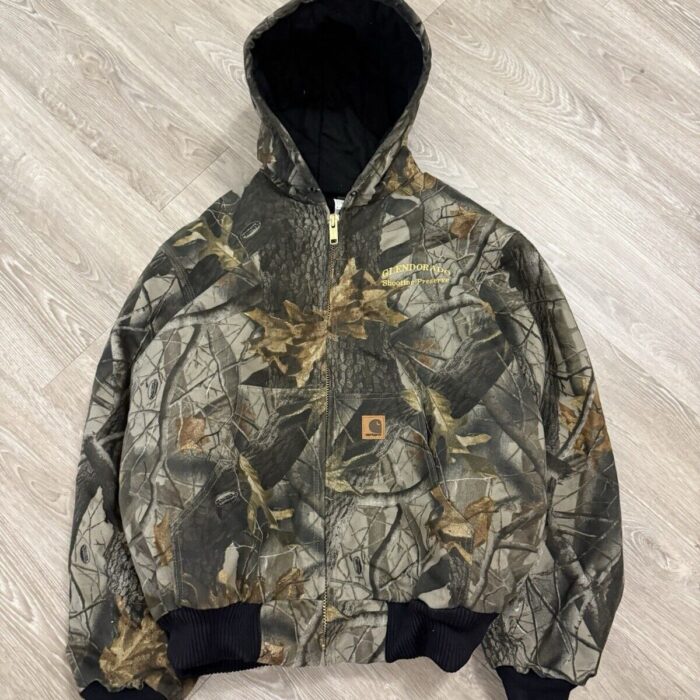 Rare Vintage Carhartt J143 Camo Hooded Jacket – Large Bomber Style Classic!